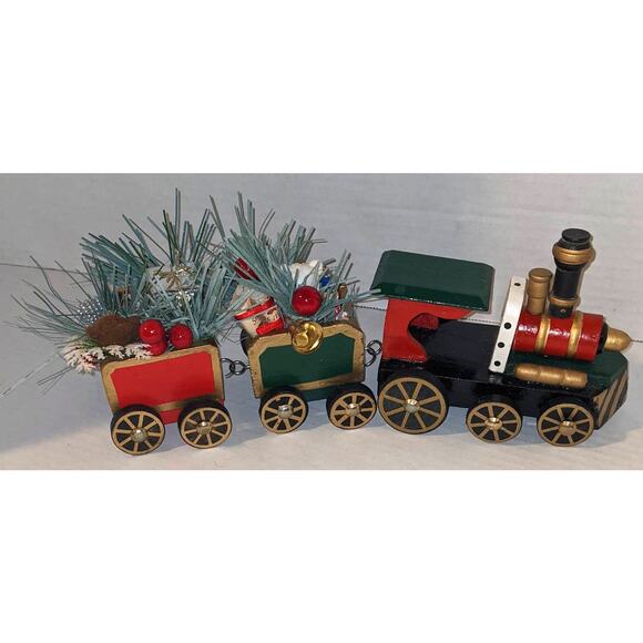 Vintage Wooden Christmas Train Moveable Wheels Detachable Cars Decor Toys Holly - Picture 1 of 10